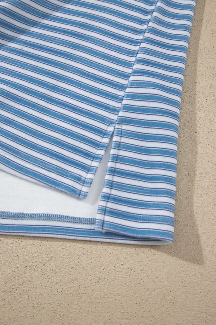 Sky Blue Stripe Long Sleeve Oversized Top Pocketed Casual Shorts Two Piece Set