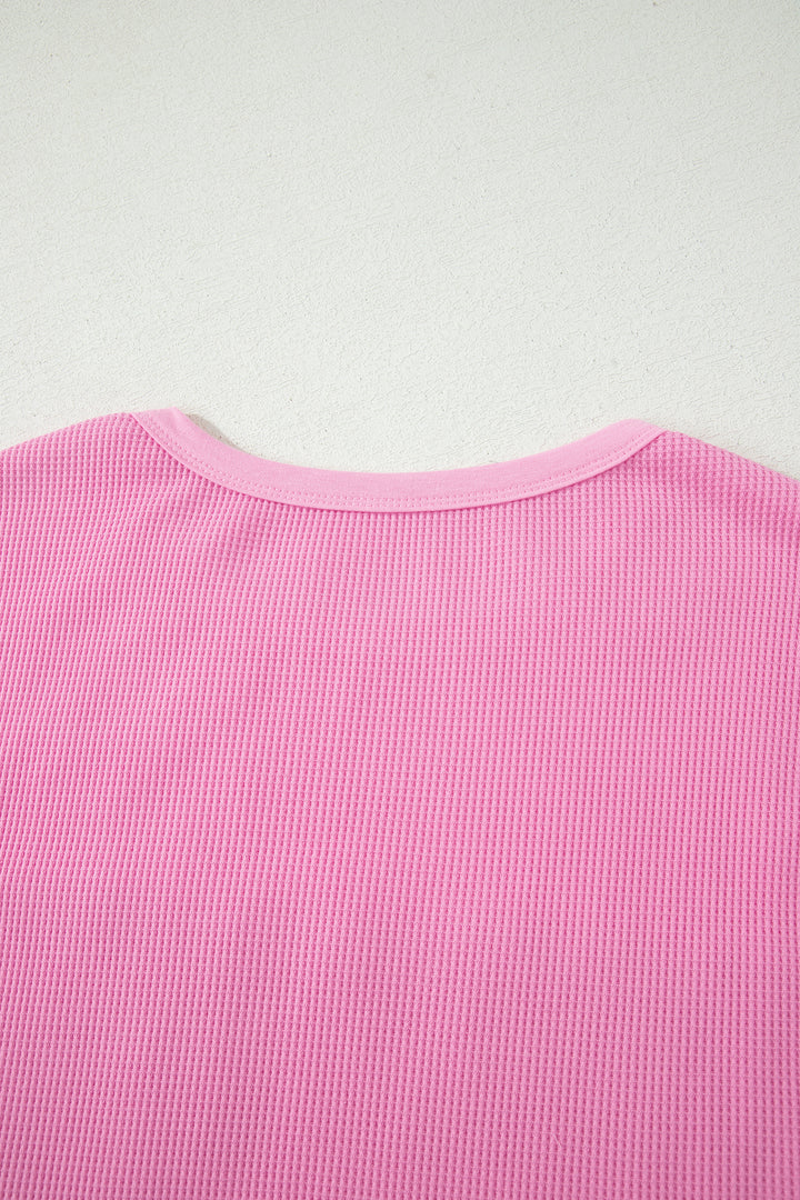 Light Blue Solid Color Raw Seam Waffled Patchwork Casual T Shirt