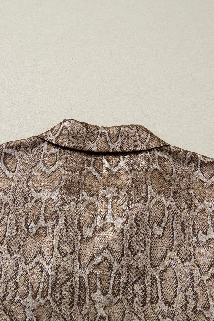 Brown Polo Collared V Neck Short Sleeve Metallic Leopard Blouse