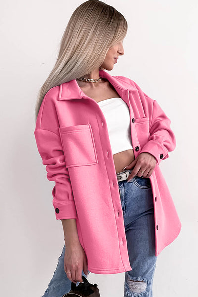 Pink Solid Color Pocketed Button up Long Sleeve Shacket