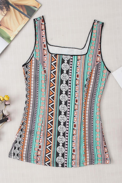 Back design of Green Western Geo Printed Square Neck Tank Top