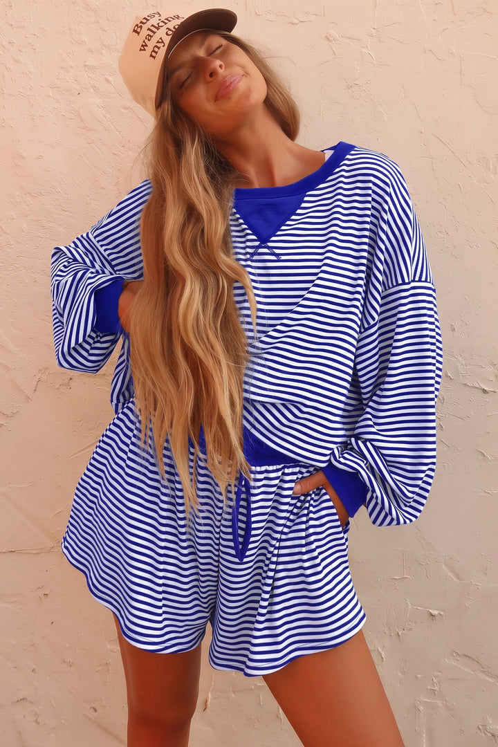 Brown Stripe Oversized Long Sleeve Top Drawstring Loose Shorts 2pcs Set