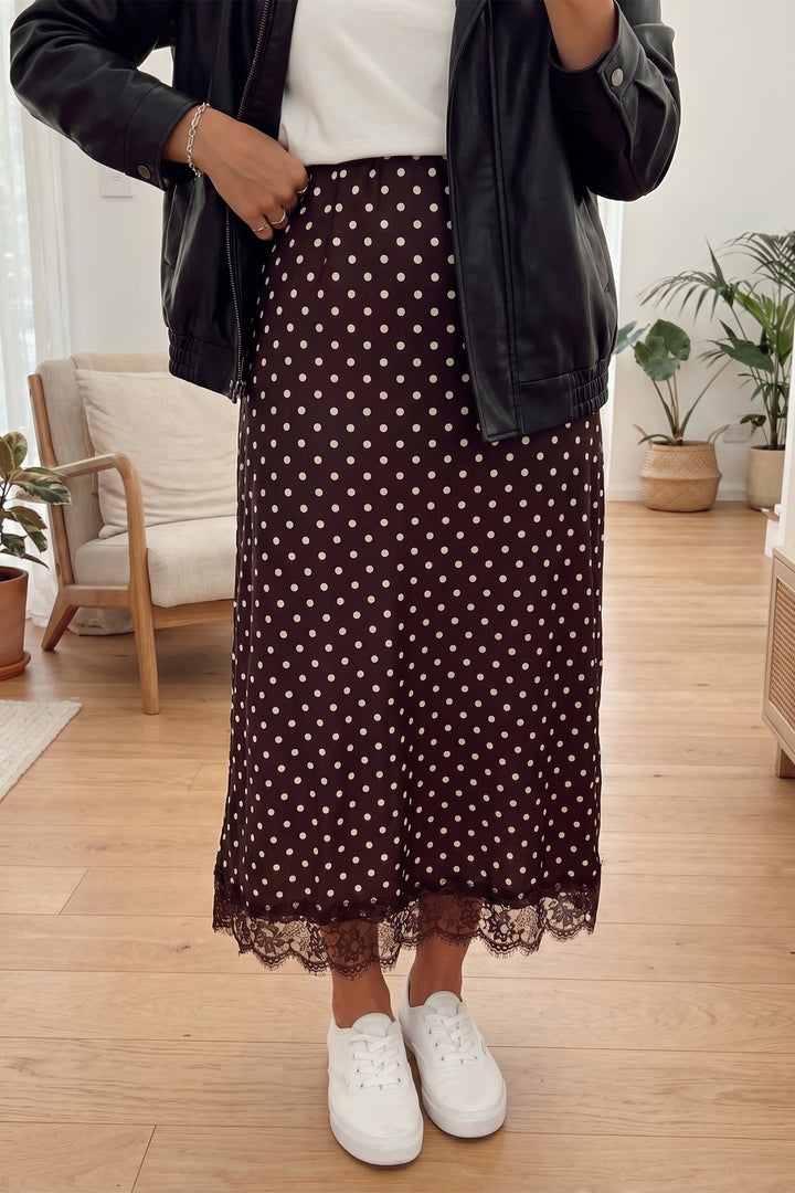 Brown Polka Dot Lace Hem Elegant Long Shift Skirt