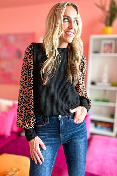 Black Leopard Print Long Sleeve Ribbed Knit Blouse