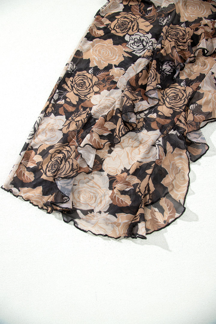 Black Floral Long Sleeve Asymmetric Ruffle Split Hem Mesh Dress