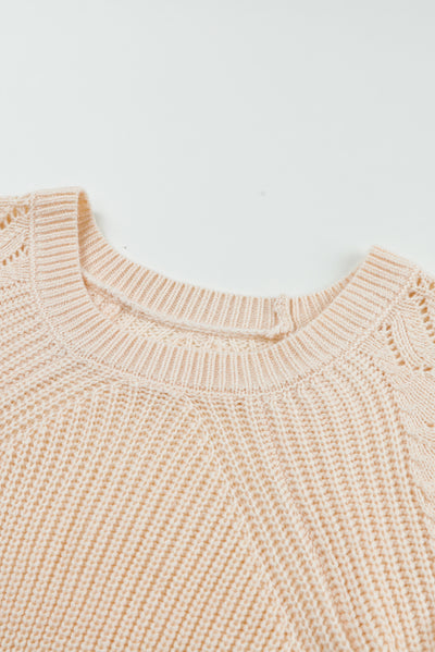 Beige Hollow-out Puffy Sleeve Knit Sweater