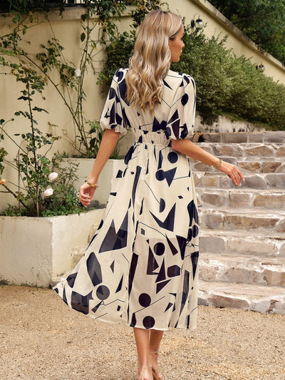 Smocked Printed V-Neck Half Sleeve Midi Dress