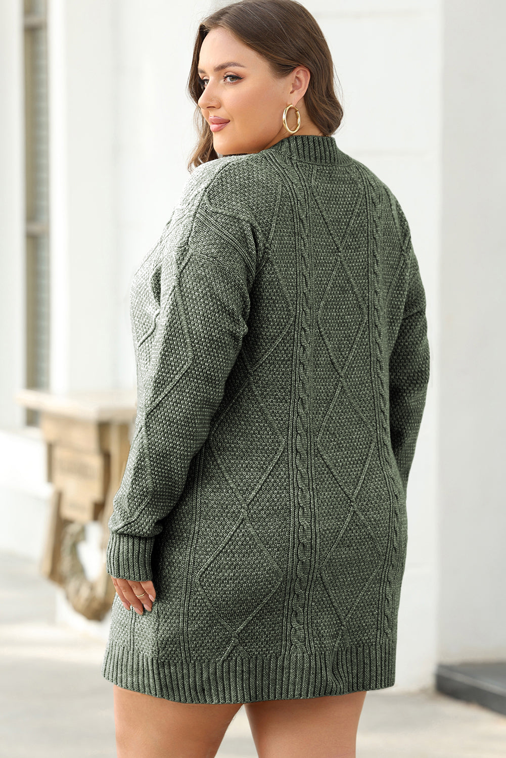 Mist Green Cable Knit Drop Shoulder Loose Fit Sweater Dress