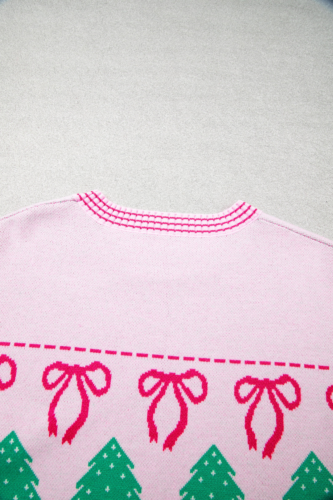 Pink Festive Holiday Print Round Neck Loose Tunic Sweater