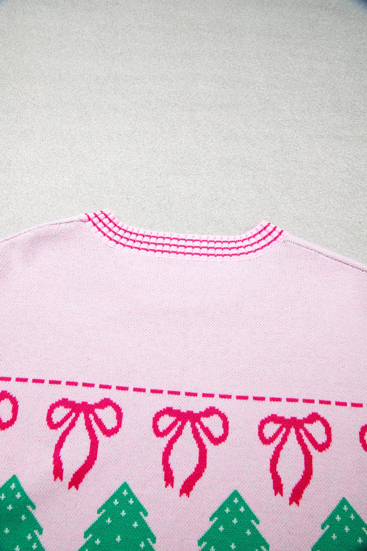 Pink Festive Holiday Print Round Neck Loose Tunic Sweater