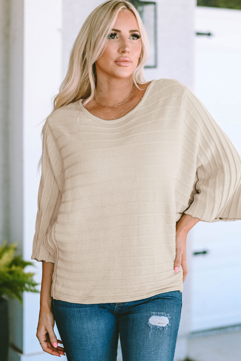 Green Exposed Seam Ribbed Knit Dolman Top