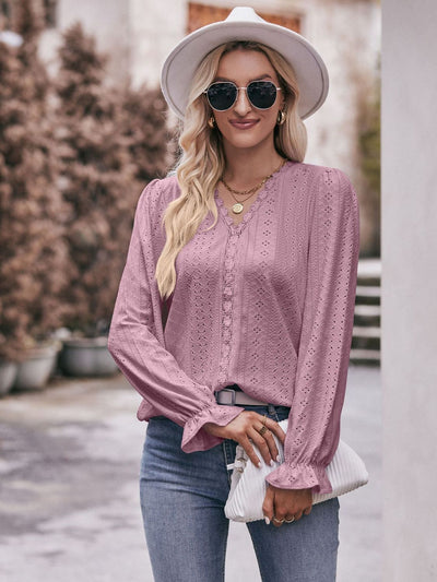 Mandy Eyelet V-Neck Flounce Sleeve Blouse