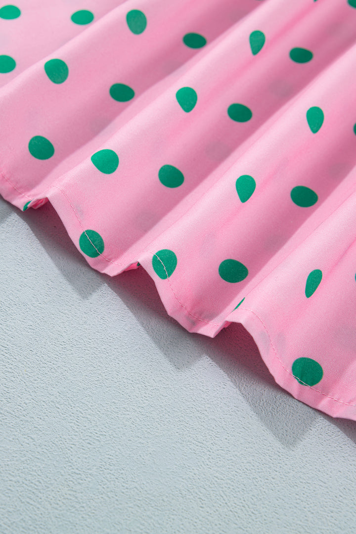 Pink Polka Dot Print V Neck Short Sleeve Tiered Mini Dress