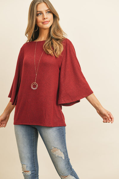 Boat Neck Bell Sleeve Solid Hacci Brushed Top