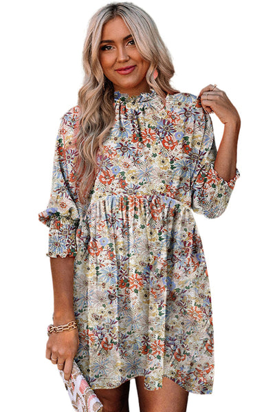 Purple Printed Boho Floral Frilled Neck Shirred Bracelet Sleeve Dress