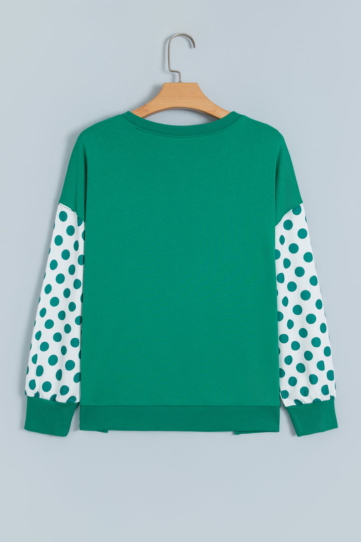 Green Polka Dot Patchwork Sleeve Crew Neck Loose Pullover Sweatshirt