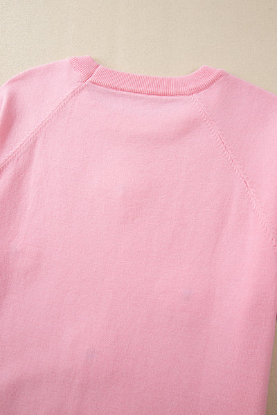 Pink Flower Pattern Short Sleeve Knitted Top