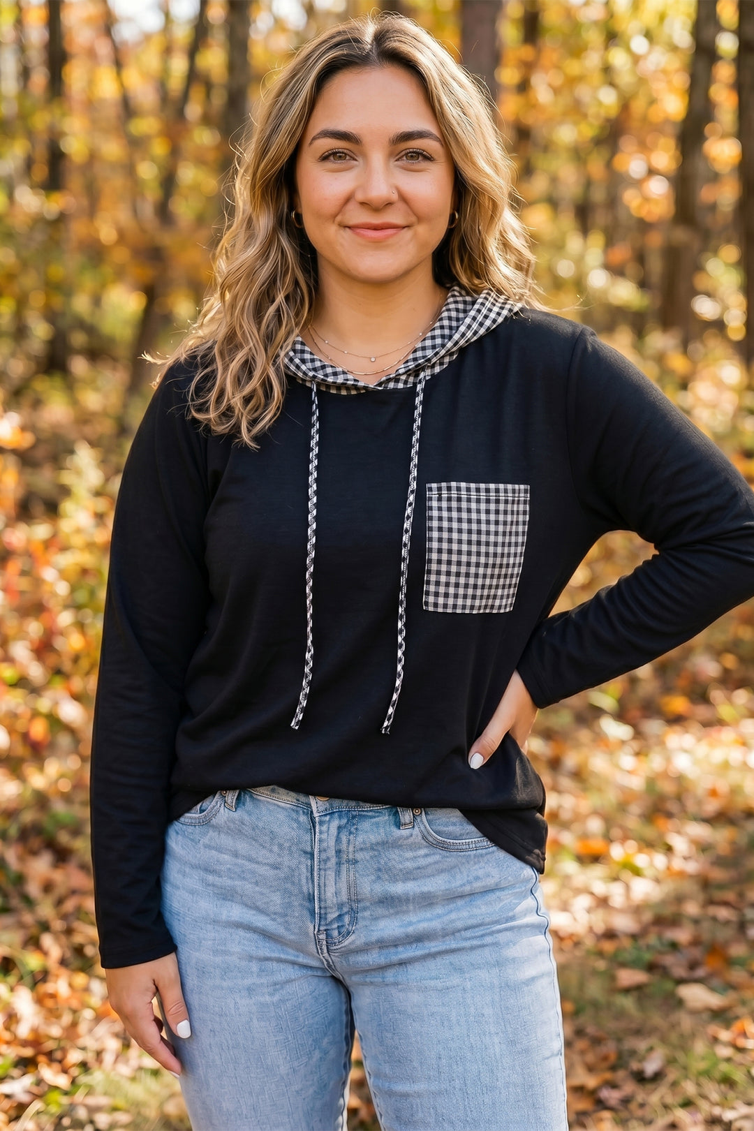 Black Hooded Gingham Paneling Chest Patch Pocket Long Sleeve Plus Size Blouse
