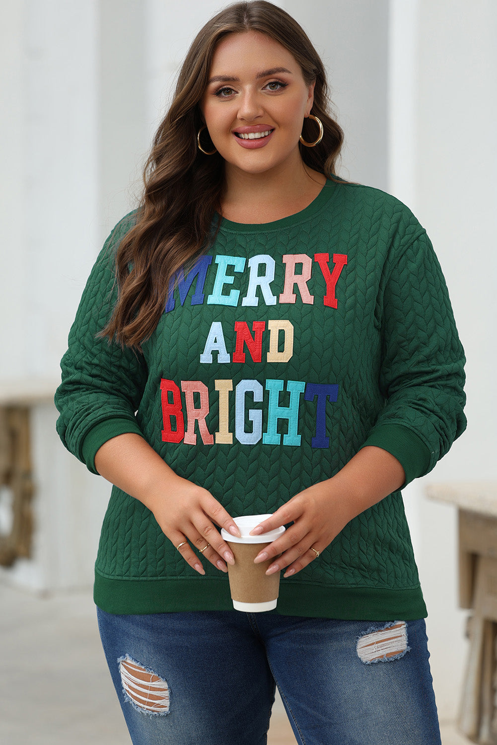 Blackish Green Merry And Bright Cable Knit Pullover Sweatshirt