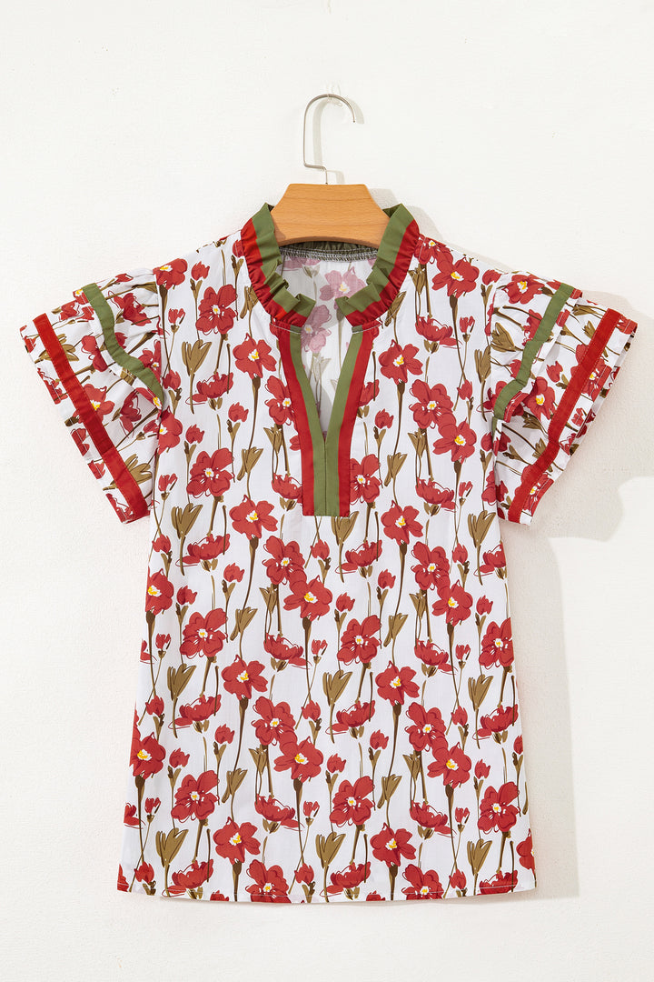 Red Floral Print Contrast Trim V Neck Double Ruffled Short Sleeve Blouse