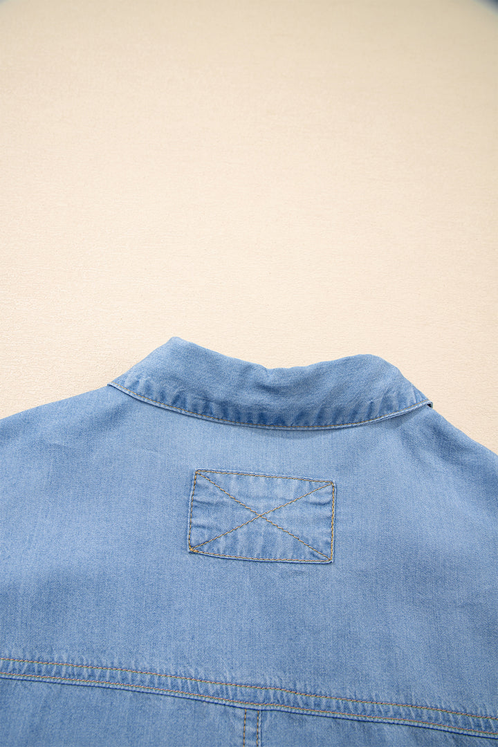 Beau Blue Half Sleeve Button Down Ruffled High Low Chambray Shirt