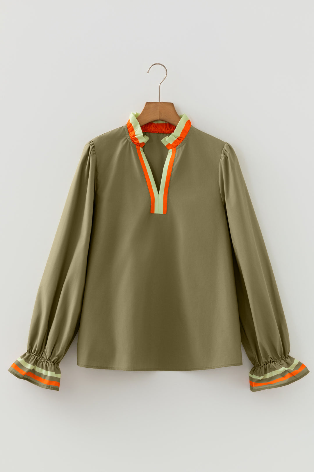 Black Striped Trim Ruffle Split Neck Long Sleeve Blouse