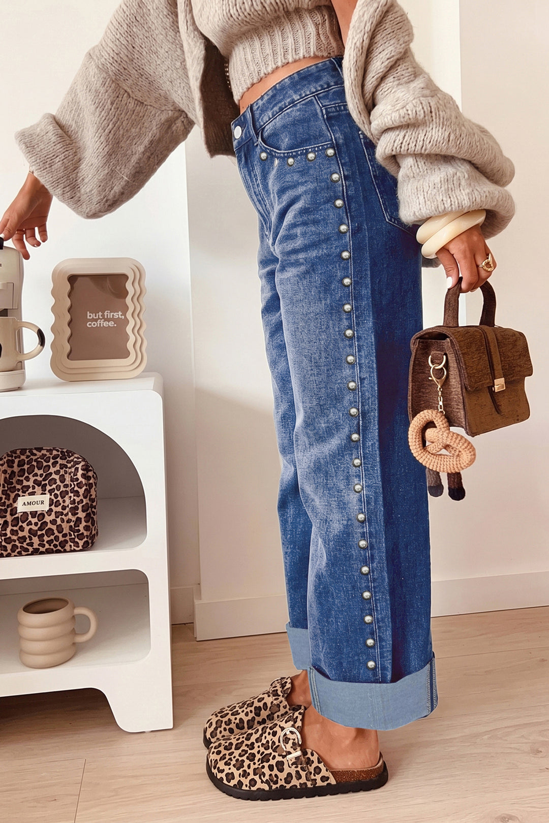 Black Studded Detail Straight Leg Casual Loose Jeans