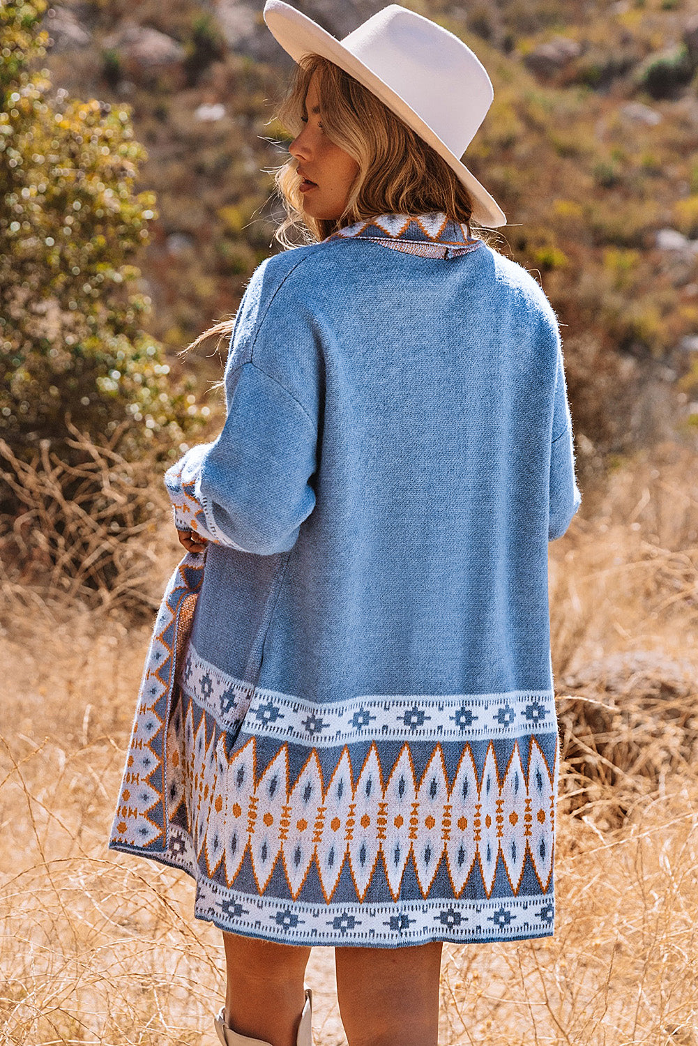 Orange Printed Aztec Print Open Front Knitted Cardigan