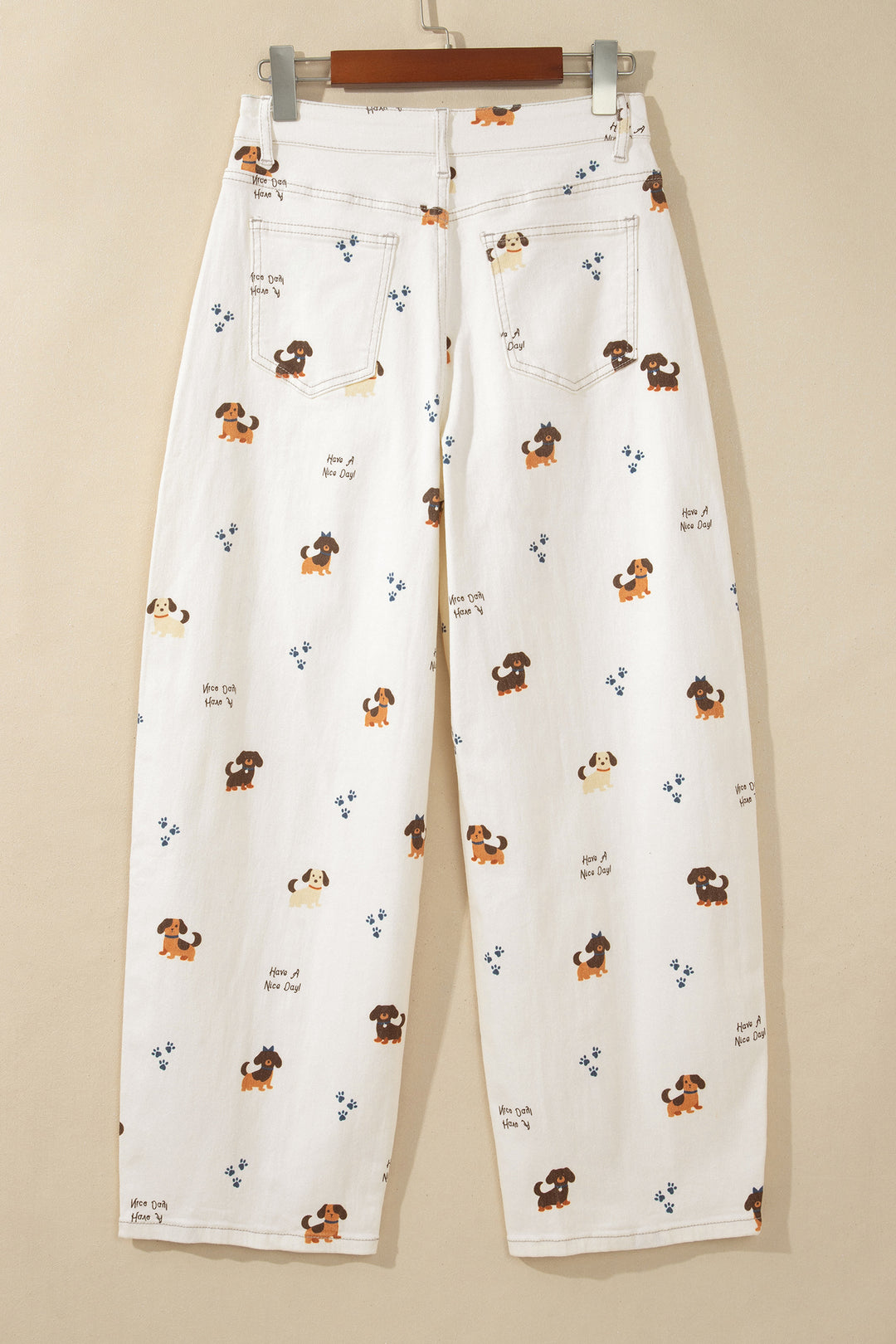 White Abstract Dog Print Wide Leg Full-Length Jeans