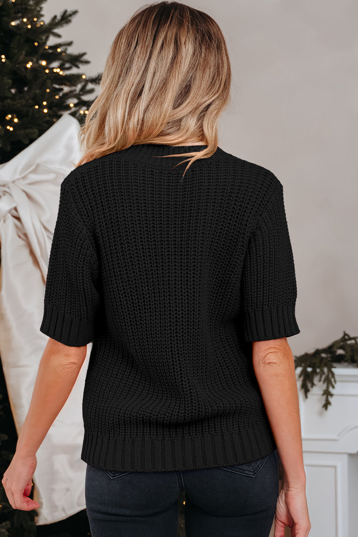 Black Plaid Lace up Detail Christmas Holiday Puff Short Sleeve Sweater