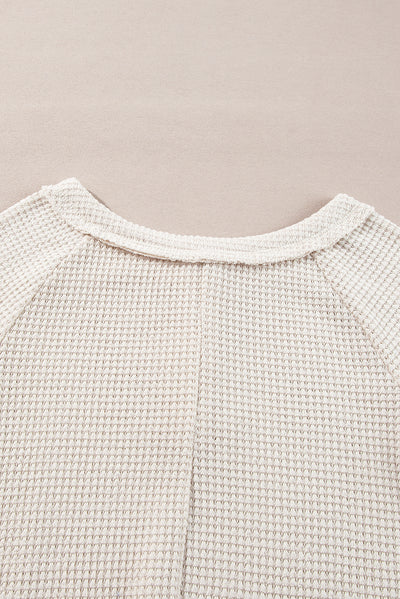 Oatmeal Waffle Knit Buttoned Front Raglan Sleeve Loose Blouse