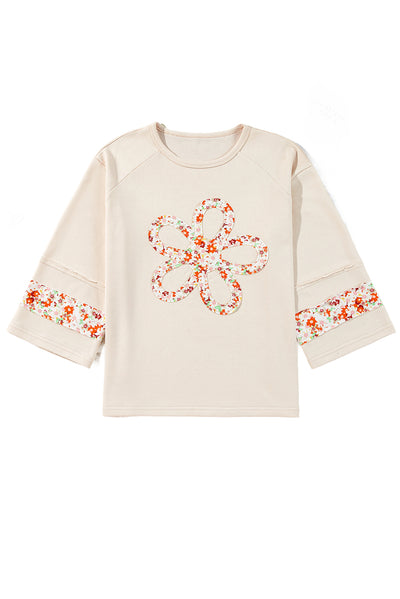 Beige Flower Patch Graphic Exposed Seam Wide Sleeve Top