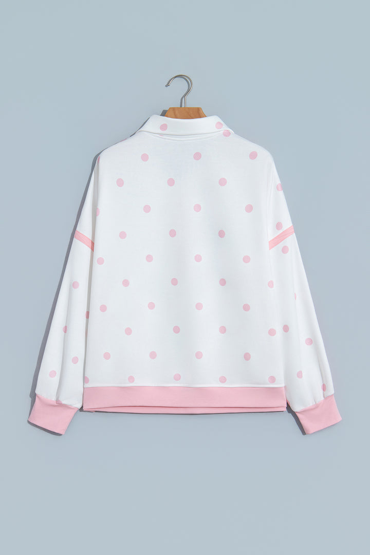 Pink Polka Dot Half Zip Drop Shoulder Relaxed Sweatshirt