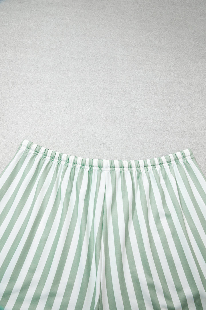 Smoke Green Striped Patchwork V Neck Two Piece Shorts Plus Size Set