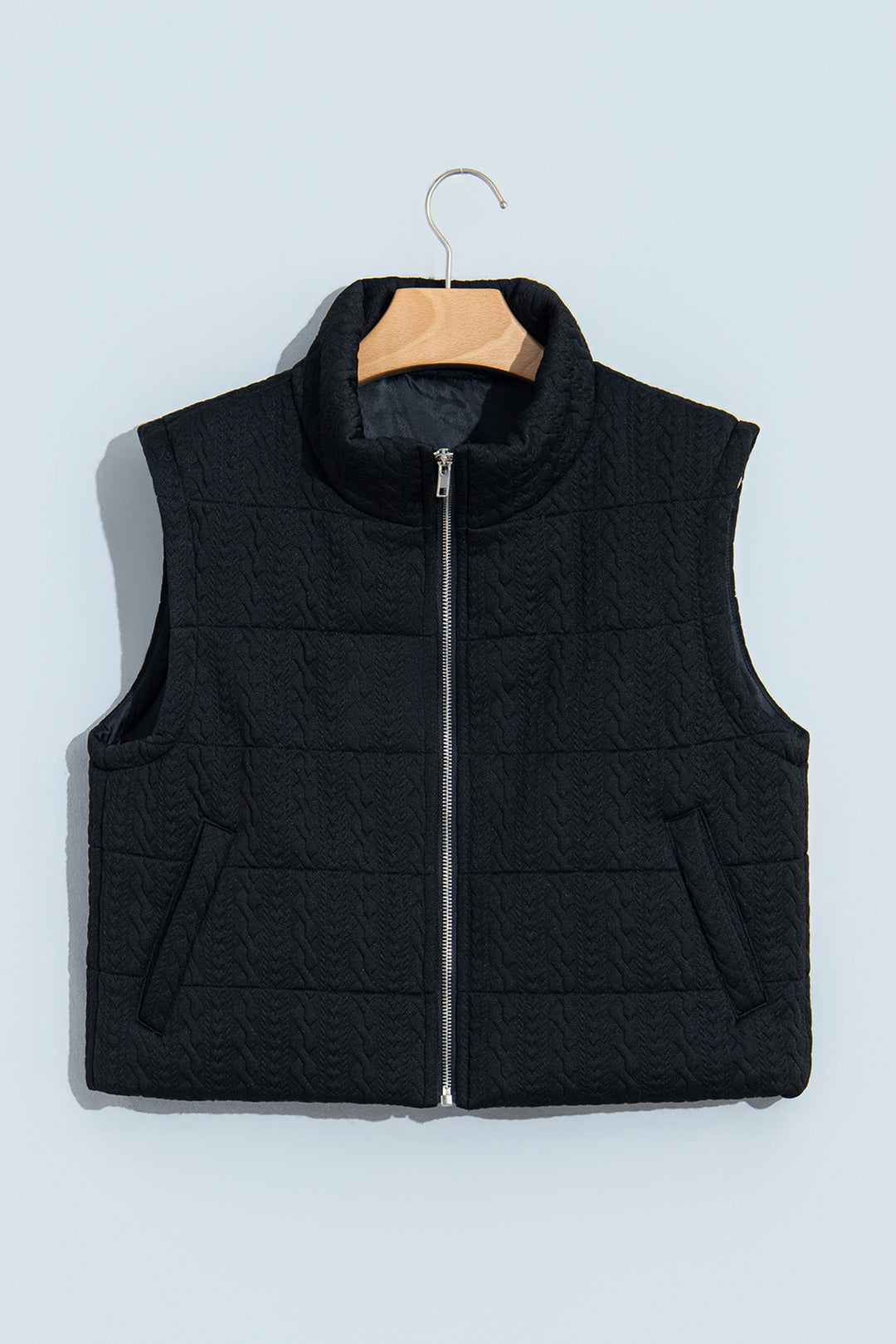 Black Textured Quilted Stand Neck Zipper Winter Vest