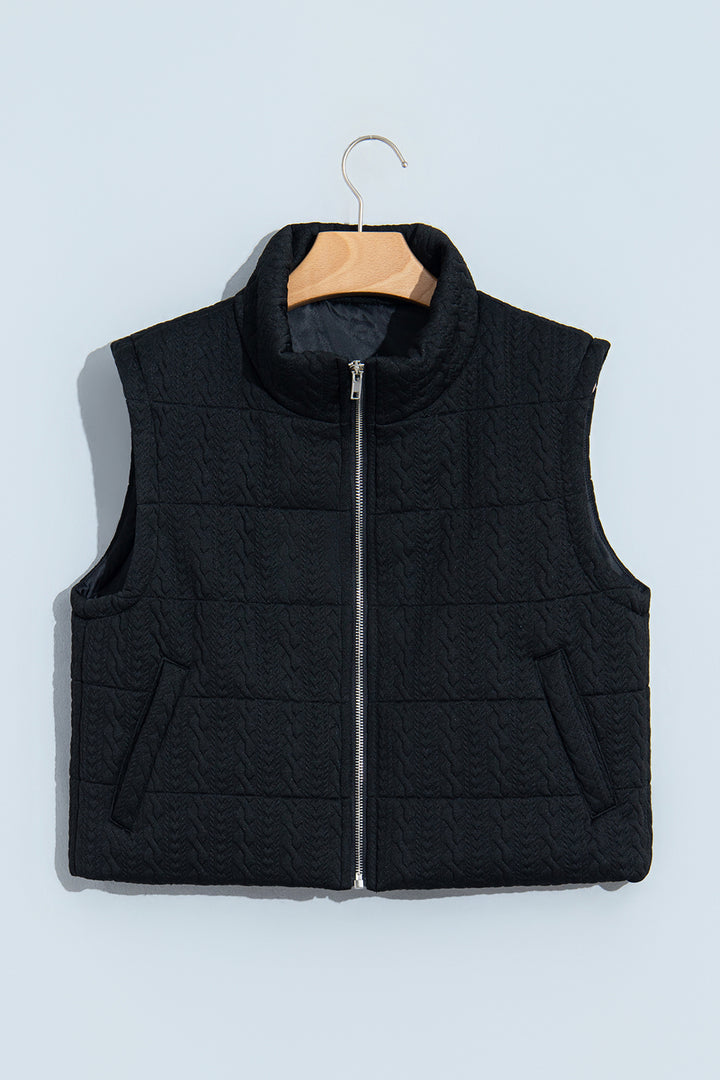 Black Textured Quilted Stand Neck Zipper Winter Vest