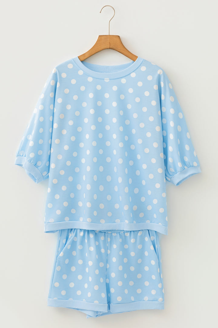 Beige Polka Dot Oversized Top Drawstring Short Set