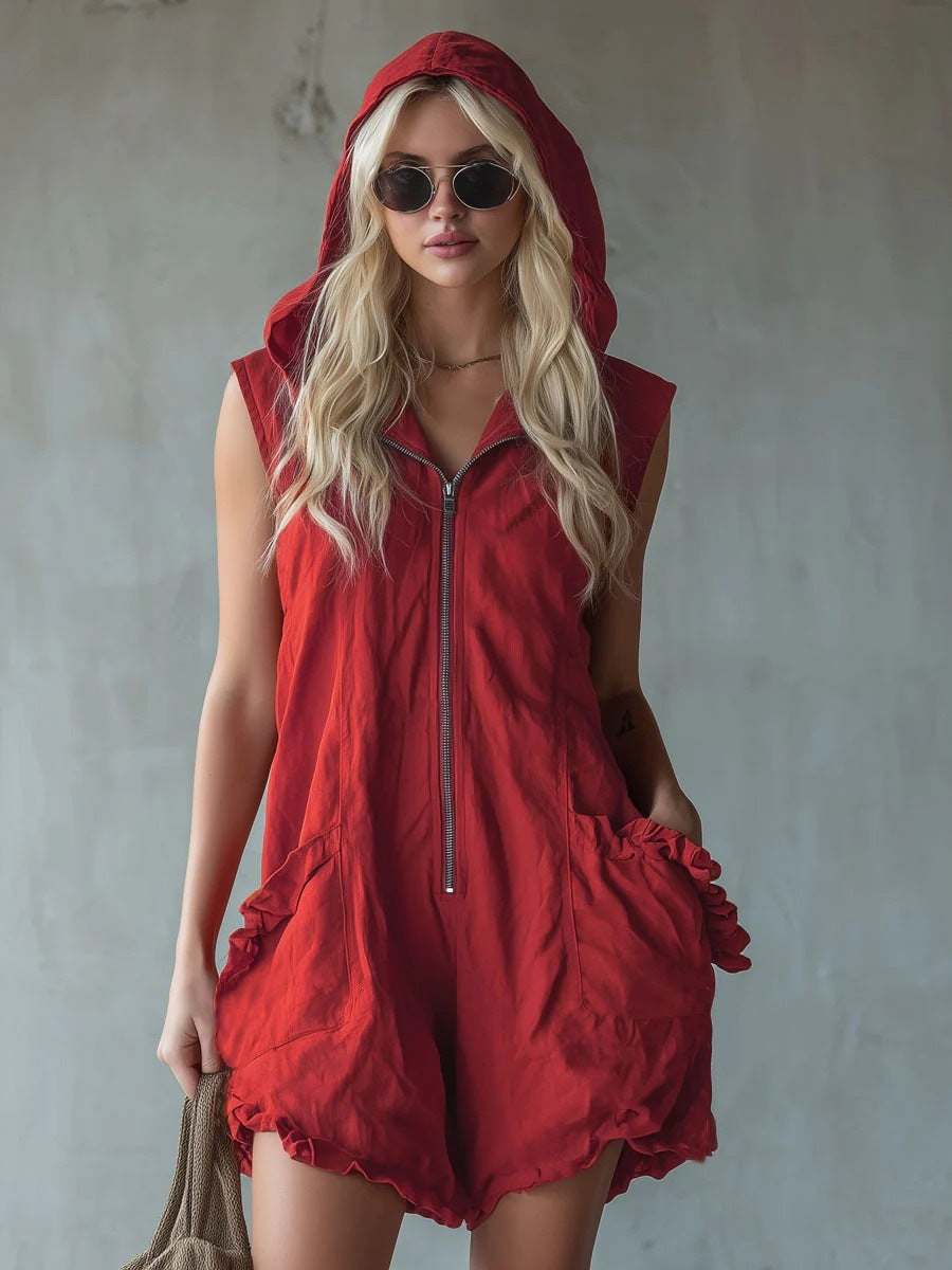 Hooded Zip-Up Linen Romper | Ruffle Pocket &amp; Hem | Sleeveless Boho Jumpsuit