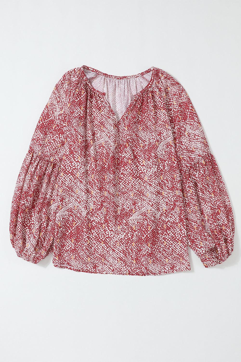 Fiery Red Pleated Lantern Sleeve Abstract Print Blouse