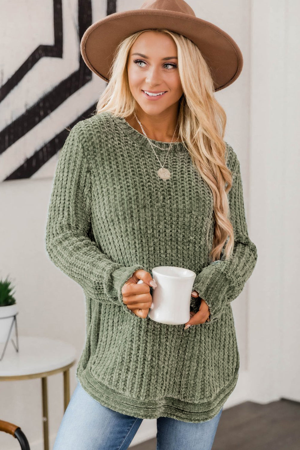 Green Long Sleeve Round Hem Cable Knit Sweater