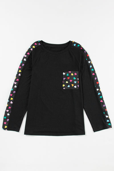 Black Valentine's Day Love Hearts Raglan Sleeve Top