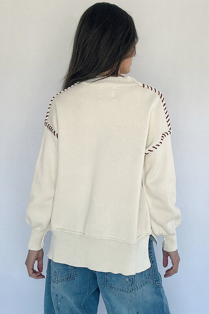 Beige Drop Shoulder Game Day Letter Print Pullover Sweater