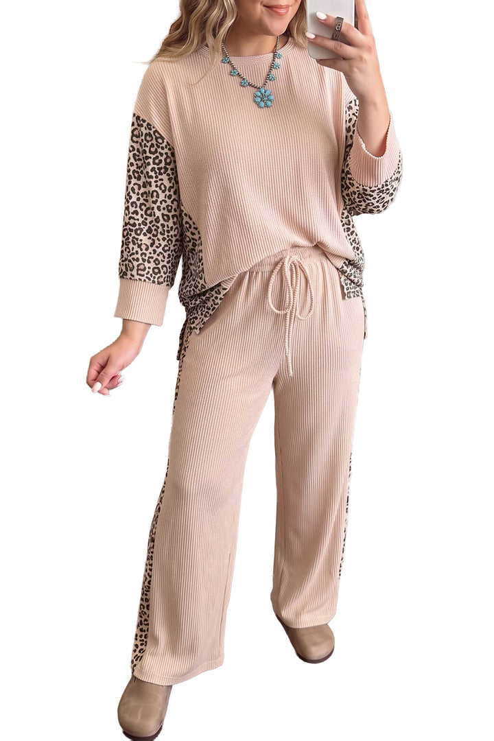 Light French Beige Leopard Print Ribbed Twist Long Sleeve Top Pants Plus Size Set