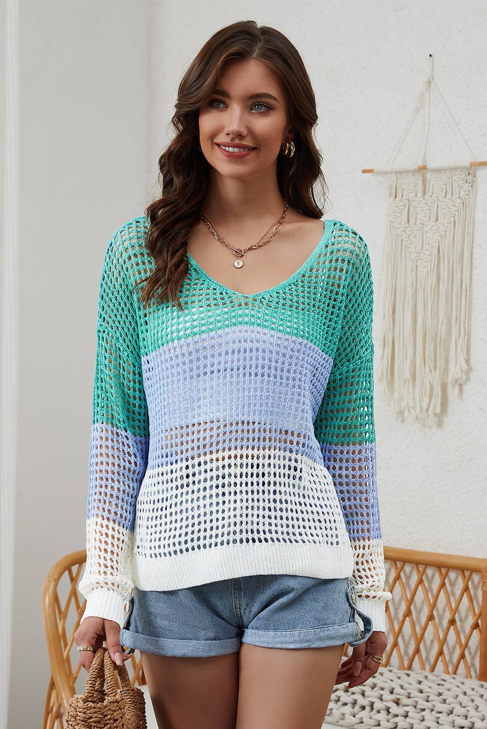 Green Multicolor Color Block Eyelet Long Sleeve Twisted Back Knit Top