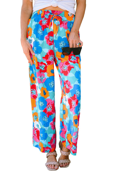 Multicolor Abstract Floral Print Drawstring Wide Waistband Pants