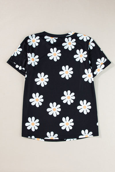 Black Daisy Printed Crewneck T Shirt