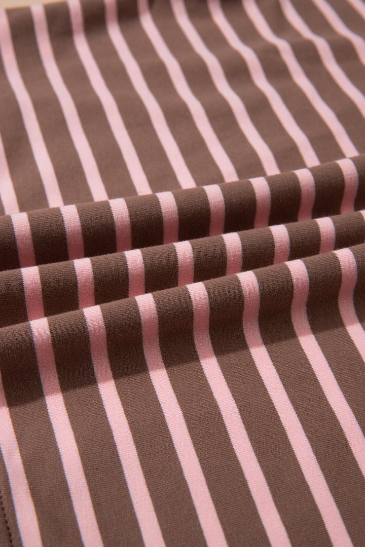 Brown Stripe Striped Drawstring Waist Long Sleeve Top Mini Skort Set