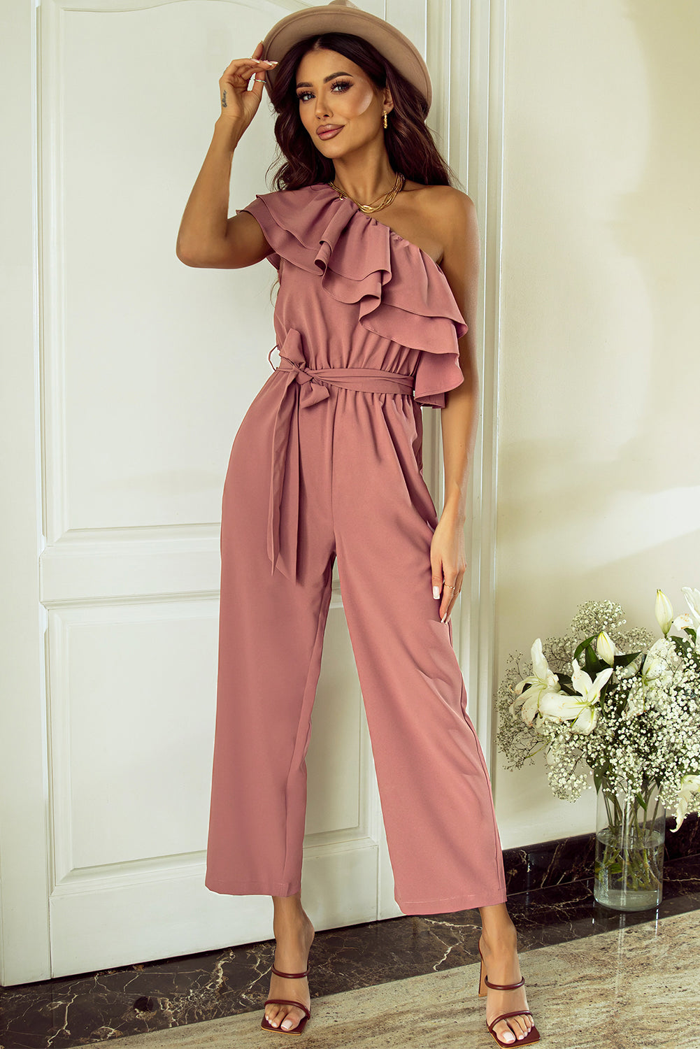 Dusty Pink One Shoulder Ruffle Trim Belted Jumpsuit