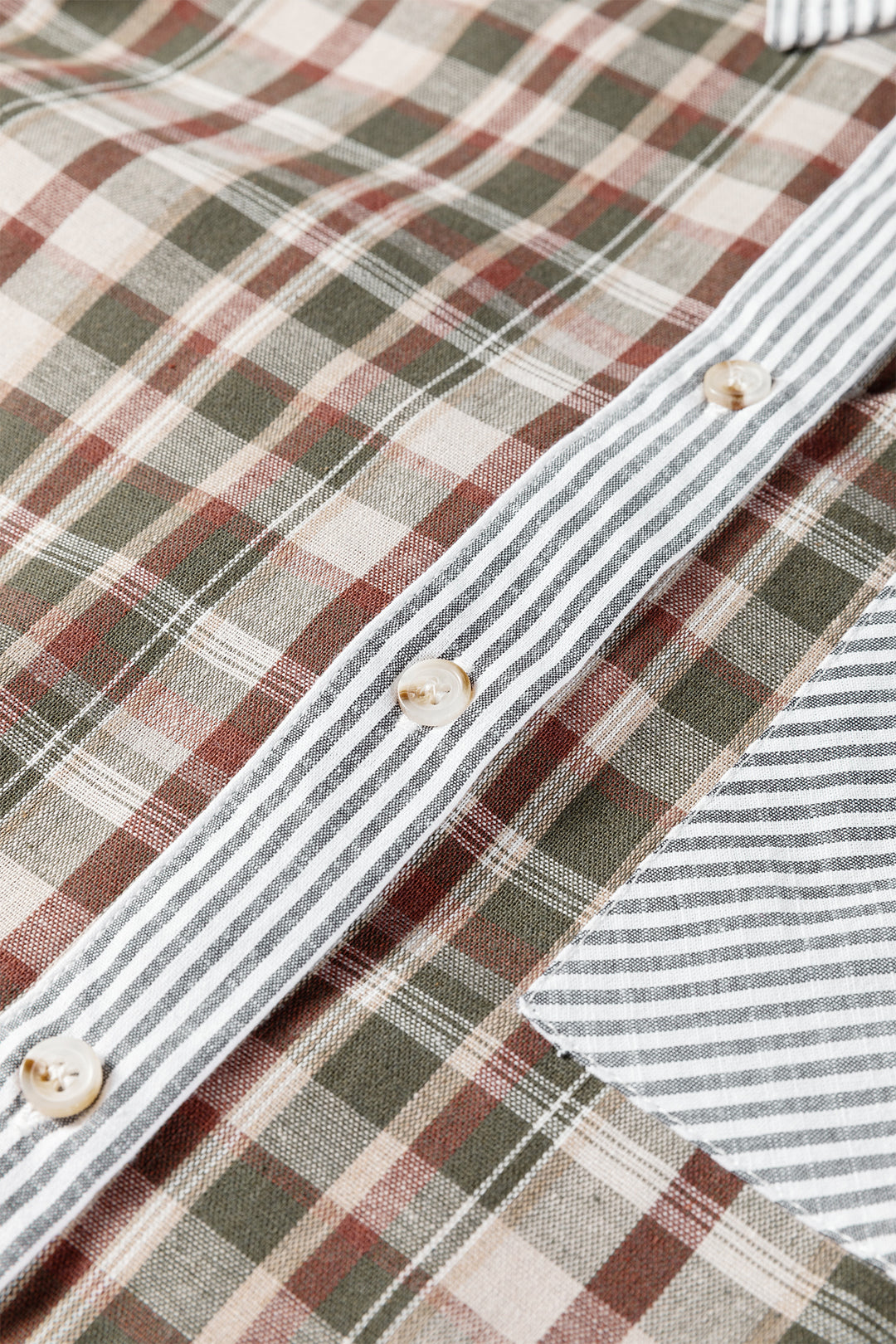 Brown Plaid Print Striped Patchwork Single Chest Pocket Buttoned Shirt