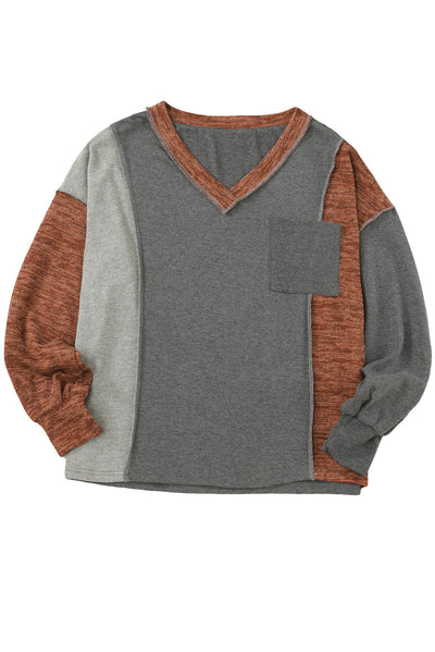 Brown V Neck Color Block Patchwork Loose Pullover